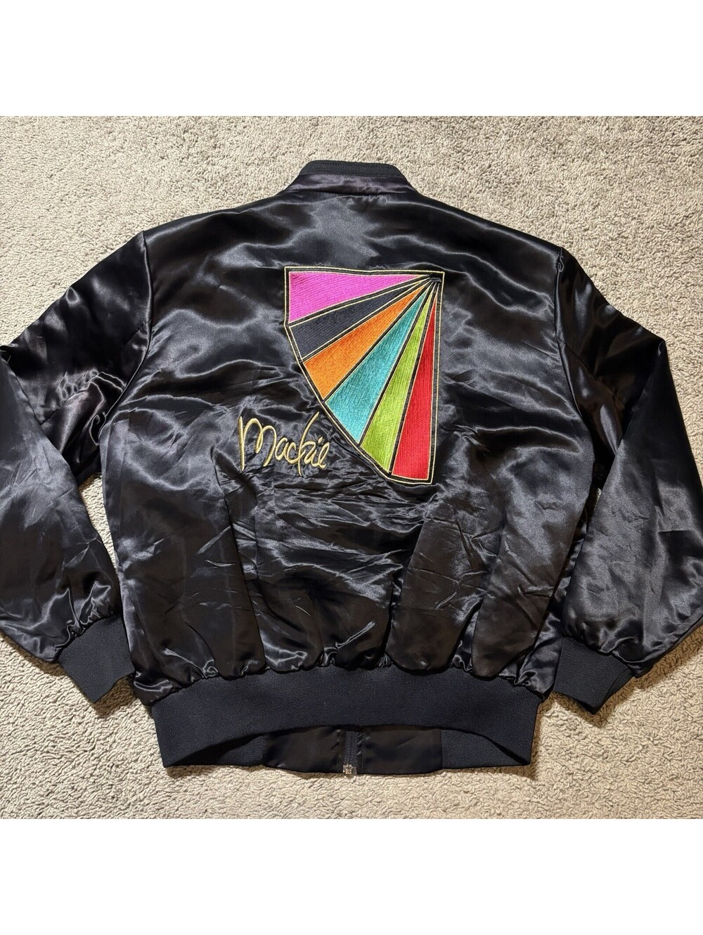 Vintage Bob Mackie For Men Satin Bomber Jacket Large Black Rainbow Embroidered
